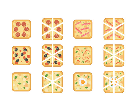 Set of different kind of square pizza with white background. Flat vector illustration of full and sliced pizza with square form. Pizza with bacon, cheese, eggs, olive, sausage, basil, provencal herbsのイラスト素材