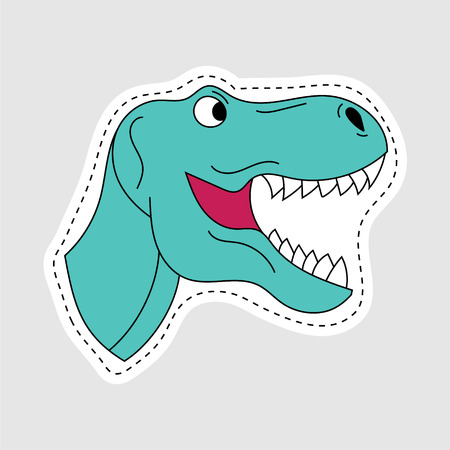 Isolated vector illustration with cure dino character in patch style. Hand drawn embroidery, sticker, badge or pin designのイラスト素材