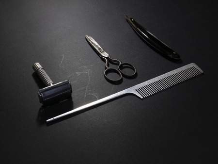 Shaving and barber equipment on wooden backgroundの写真素材