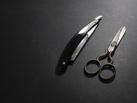 Shaving and barber equipment on wooden backgroundの写真素材