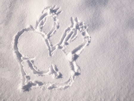 Smile emoji painted on the snow, close-upの写真素材