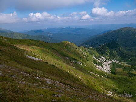Mountain valley during sunrise / sunset. Natural summer landscape. Colorful summer landscape in the Carpathian mountains.の写真素材