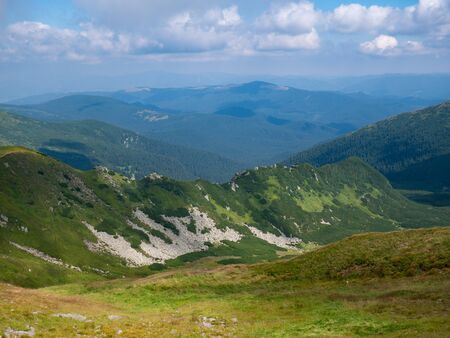 Mountain valley during sunrise / sunset. Natural summer landscape. Colorful summer landscape in the Carpathian mountains.の写真素材