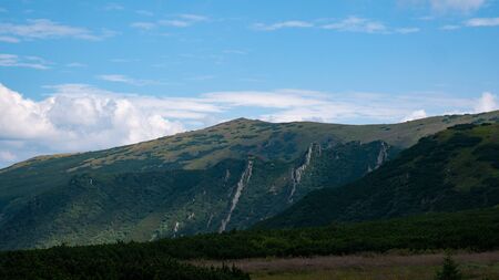 Mountain valley during sunrise / sunset. Natural summer landscape. Colorful summer landscape in the Carpathian mountains.の写真素材