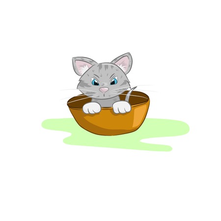 Illustration cute kitten in a bowl.のイラスト素材
