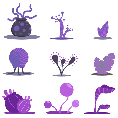 Fantasy flat set plants. Violet flowers and trees, alien. Simple formsのイラスト素材