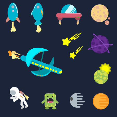 Vector cosmic set: spaceship, planets, alien and astronaut. For games. Flat designのイラスト素材