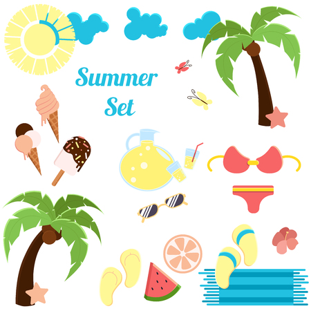 Vector set of summertime equipment. Flat style design. For site and iconsのイラスト素材