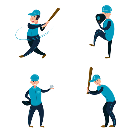 Baseball team: two batters, pitcher and catcher. Flat vector illustration. Cartoon styleのイラスト素材