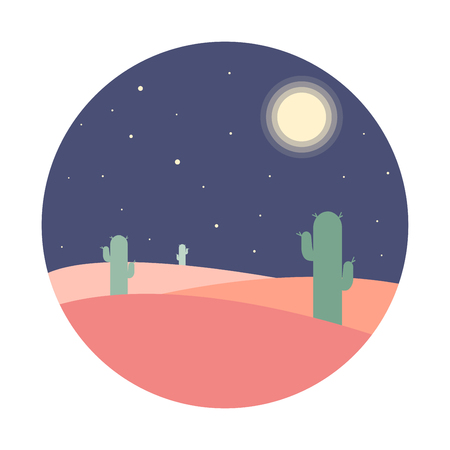 Flat cartoon night desert landscape with cactus silhouette in circle. Background vector illustration.のイラスト素材