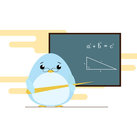 Vector illustration of penguin - teacher standing with board and teaching of geometry theorem. Cute flat designのイラスト素材