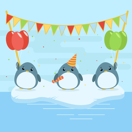 Cartoon illustration of three cute penguins with balloons and falgs on ice floe. Flat design for childrenのイラスト素材