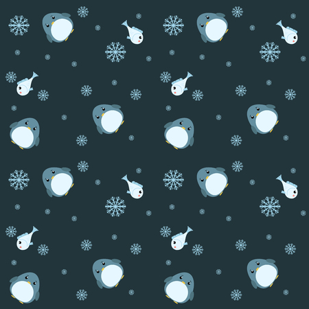 Funny seamless pattern with cute penguins, fish and snowflakes on dark background. Flat design vector illustrationのイラスト素材