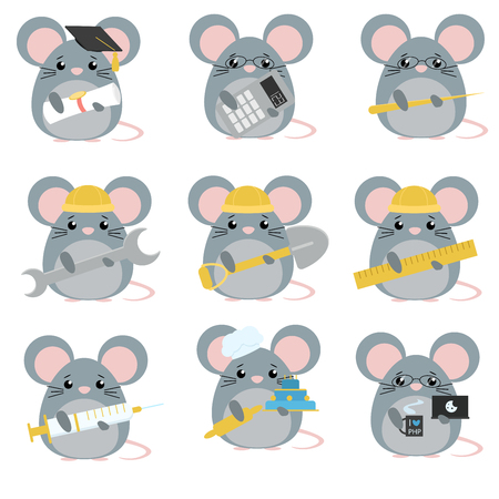 Vector set of mice various professions: Scientist, accountant, teacher, engineer, worker, builder, doctor, baker, programmer. Cute cartoon illustrationのイラスト素材
