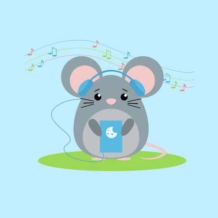 Vector illustration of mouse listens to music. Cute flat designのイラスト素材