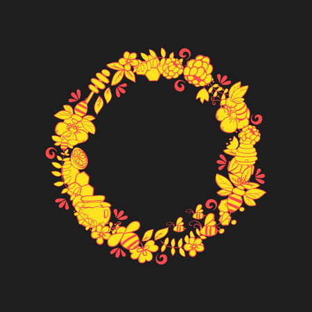 Round frame of bees and honey drops. Insects in Khokhloma decor for summer and spring themes.のイラスト素材