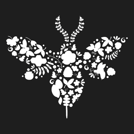 Silhouette of a bee lined with honey, bees and flowers. White on dark backgroundのイラスト素材