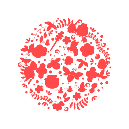 Line art vector hand drawn set of Honey cartoon doodle objects, symbols and items. Round compositionのイラスト素材