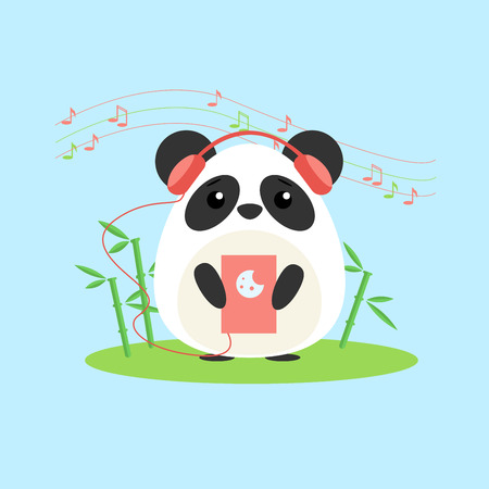 Vector illustration of anthropomorphic panda who listens to music from device. Cute cartoon anime styleのイラスト素材