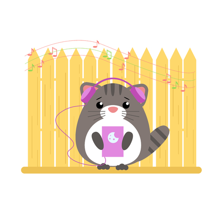 Vector illustration of anthropomorphic gray cat who listens to music from device. Cute cartoon anime styleのイラスト素材