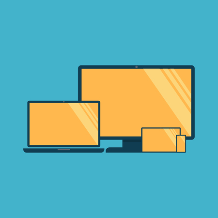 Electronic Devices with White Screens - Electronic devices with white, shiny screens isolated on white background; desktop computer, laptop, tablet and mobile phones. Eps10 file with transparency.のイラスト素材