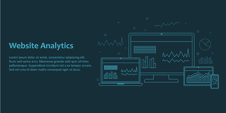 Web banner with illustration of different devices demonstrating website analytics interface. Line art on dark backgroundのイラスト素材