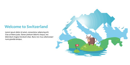 Double exposure, silhouette of a map of Switzerland with the Alps, meadow, cow and milk. On white background. Vector illustration for sites or product designのイラスト素材