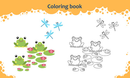 Coloring book page for kids. Color the cartoon frogs with lily and dragonfly.のイラスト素材