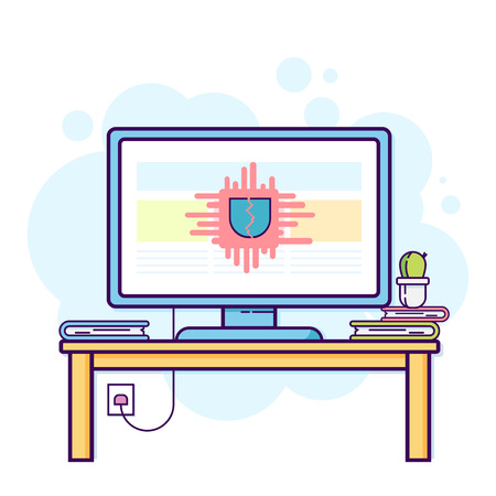 Flat line illustration of office computer with cracked security.のイラスト素材