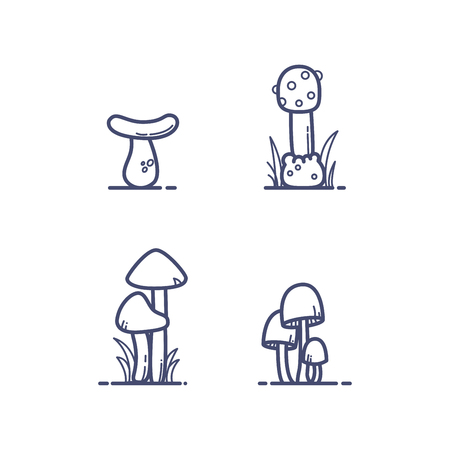Flat outline mushrooms with grass vector illustrationのイラスト素材