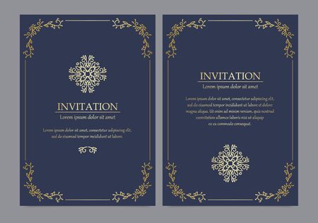 Collection of invitation card for wedding or luxury products. Made with golden floral decoration on black background.のイラスト素材