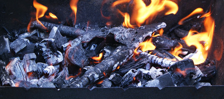 Ash and Fire flame burning in the fireplace, background