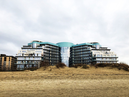 New hotel on sandy beach under construction in winterのeditorial素材
