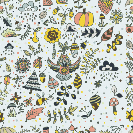 Autumn in forest pattern, vector, blue backgroundのイラスト素材