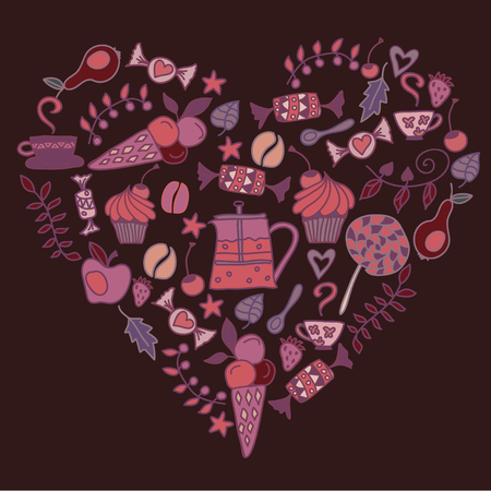 Heart made of Tee coffee pattern in dark colorsのイラスト素材