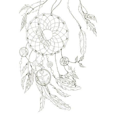 Dream catcher with feathers, beads, items from the sea: shell, fishes, star, anchor, seashell. Without any colour, black and white.のイラスト素材