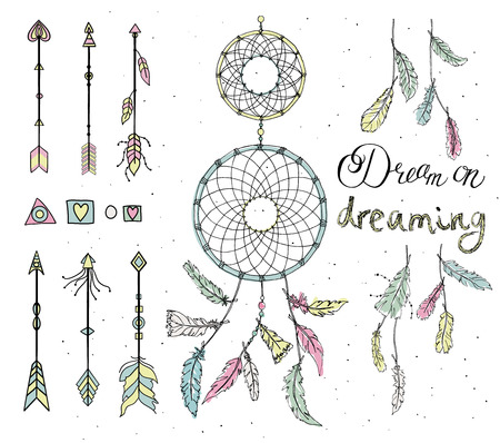Set of hand drawn native american feathers, double dream catcher, beads, geometric design elements and arrows. Vector illustration, eps8.のイラスト素材