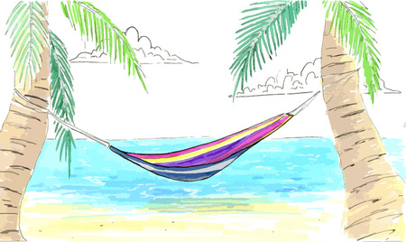 Hammock between palms. Ocean, sand coast and hammock on palms. Palm, hammock, sea, sand coast.のイラスト素材