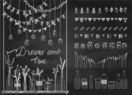Set of hand drawn borders,garlands, jars, bottles with flowers. Chalkboard background. Doodle lamps, lanterns,flags, ornament, jars, bottles on swing. Plants, flowers, leaves. Decoration brushstroke set.Used brushes included.のイラスト素材