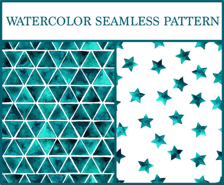 Watercolor seamless patterns set with emerald triangles and stars. Green triangles and stars abstract background.のイラスト素材