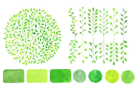 Set of watercolor . Green spots, labels, badges,leaves, branches, plants elements,laurels,wreaths, frames, tree. Organic, bio, ecology, eco natural design template, alphabet.のイラスト素材