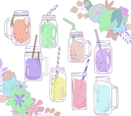 Jars for smoothies and lemonades. Scandinavian style set. Used elements included.のイラスト素材