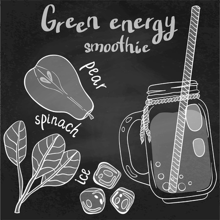 Recipe illustration smoothie (cocktail) with pear, spinach, ice. Vector hand drawn illustration for recipe books, magazines, cafe, restaurant menu, cards, flyers. Scandinavian styleのイラスト素材