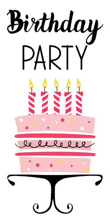 Happy Birthday card with cake with gold glittering parts, topper, candles and lettering text.のイラスト素材