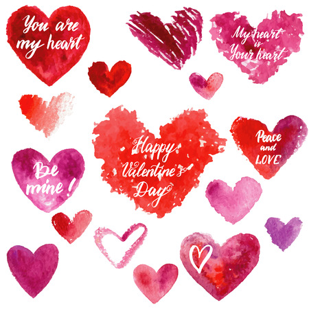 Grungy red watercolor hearts set with handwritten lettering. Calligraphy hand drawn card.のイラスト素材