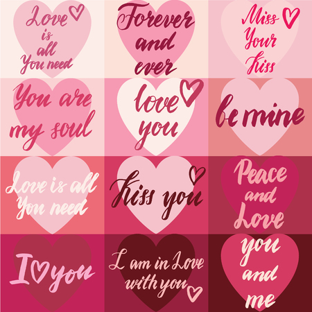 Grungy handwritten lettering set with Happy Valentine's Day. Calligraphy hand drawn vector card.のイラスト素材