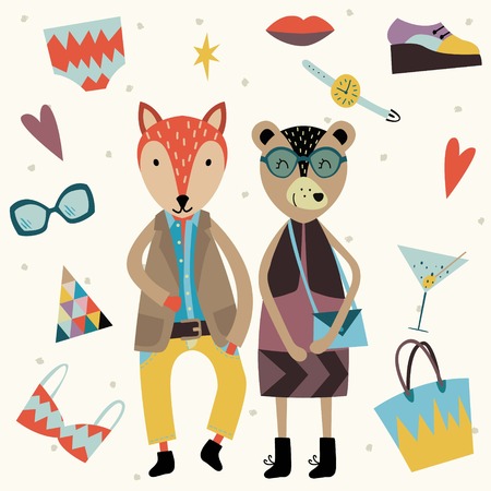 Set of cute fashion animals and fashion elements and accessories. Hand drawn vector illustration in scandinavian style.のイラスト素材