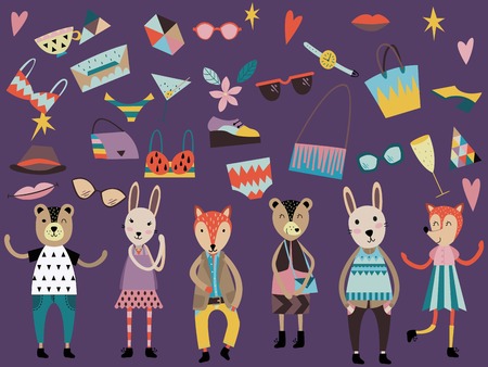 Set of cute fashion animals and fashion elements and accessories. Hand drawn vector illustration in scandinavian style.のイラスト素材