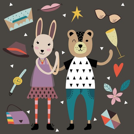 Set of cute fashion animals and fashion elements and accessories. Hand drawn vector illustration in scandinavian style.のイラスト素材