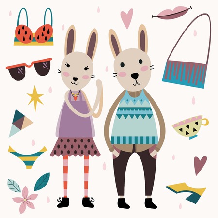 Set of cute fashion animals and fashion elements and accessories. Hand drawn vector illustration in scandinavian style.のイラスト素材